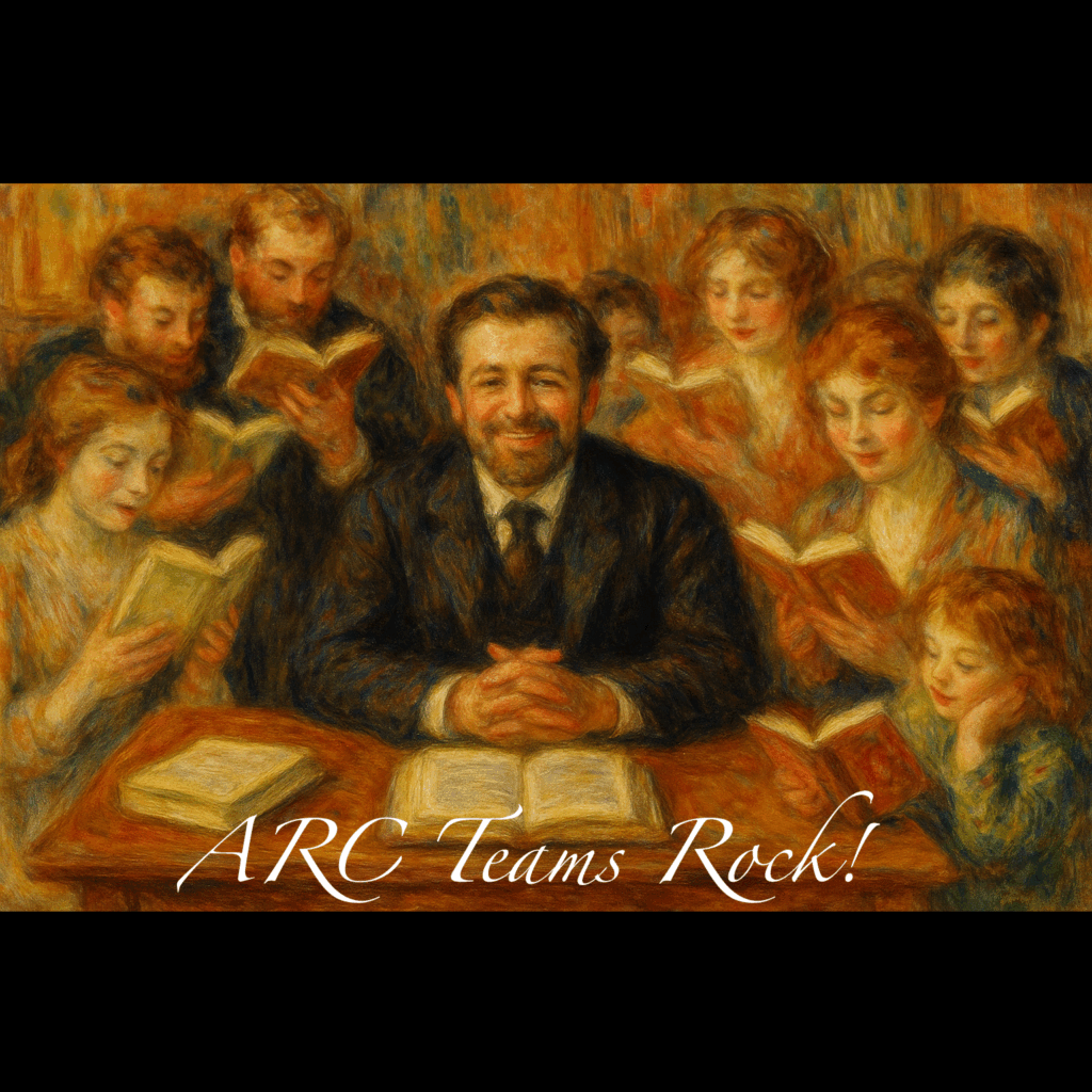 A male author with a beard smiles as he's surrounded by people reading his book. The style of the image is Renoir's.