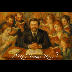 A male author with a beard smiles as he's surrounded by people reading his book. The style of the image is Renoir's.