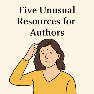 A woman scratches her head, confused. The title displays as "Five Unusual Resources for Authors"