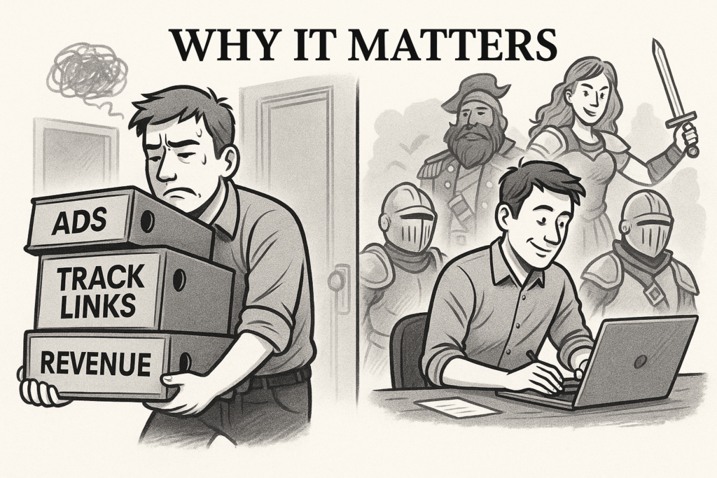 A man struggles with a bundle of books titled ADS, REVENUE and LINK TRACKING on the left side of the image. On the right side, he writes his book surrounded by his characters.